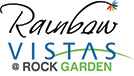 Rainbow Vista Rock Garden logo. A vibrant and colorful display of rocks arranged in a picturesque formation.
