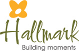 Logo of Hallmark Building Moments, featuring a stylized building silhouette with a green text and white background.